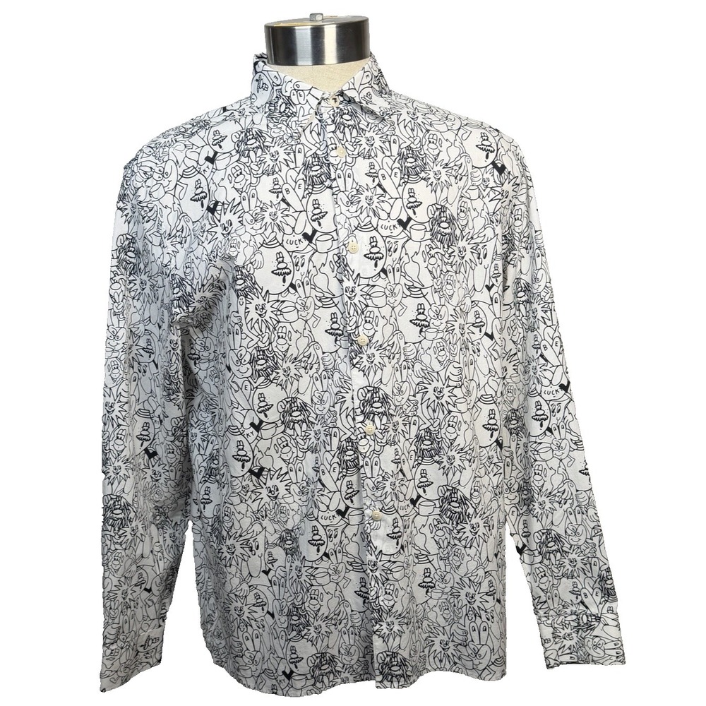 TED BAKER Shirt Mens 4 Fits as LRG 42" Long Sleeve Black & White Cartoon Design